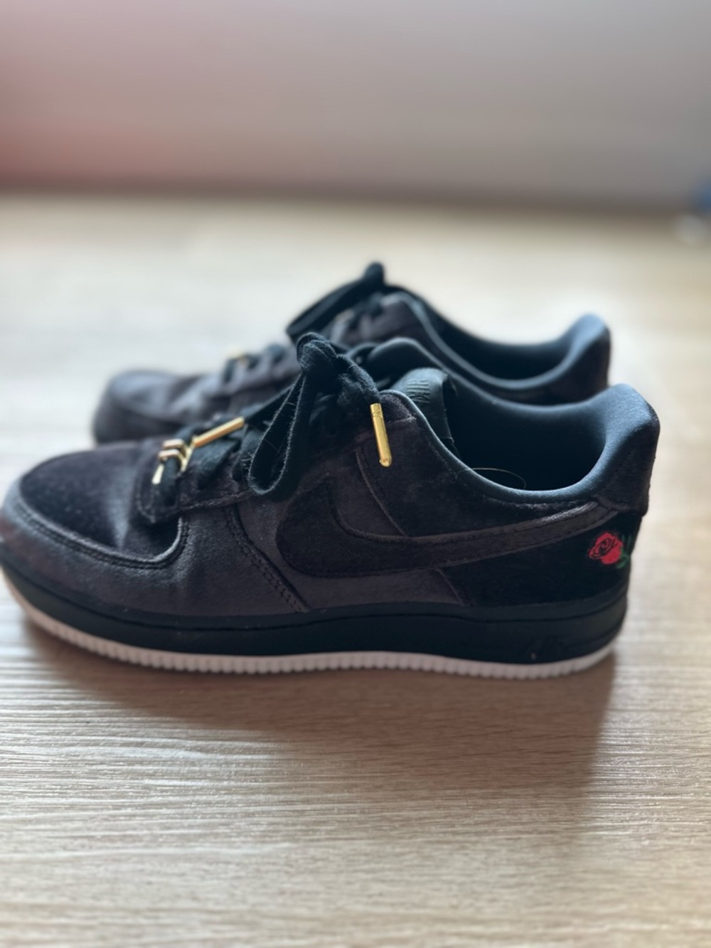 Nike Black Suede Low-Top Sneakers with Gold Lace Aglets